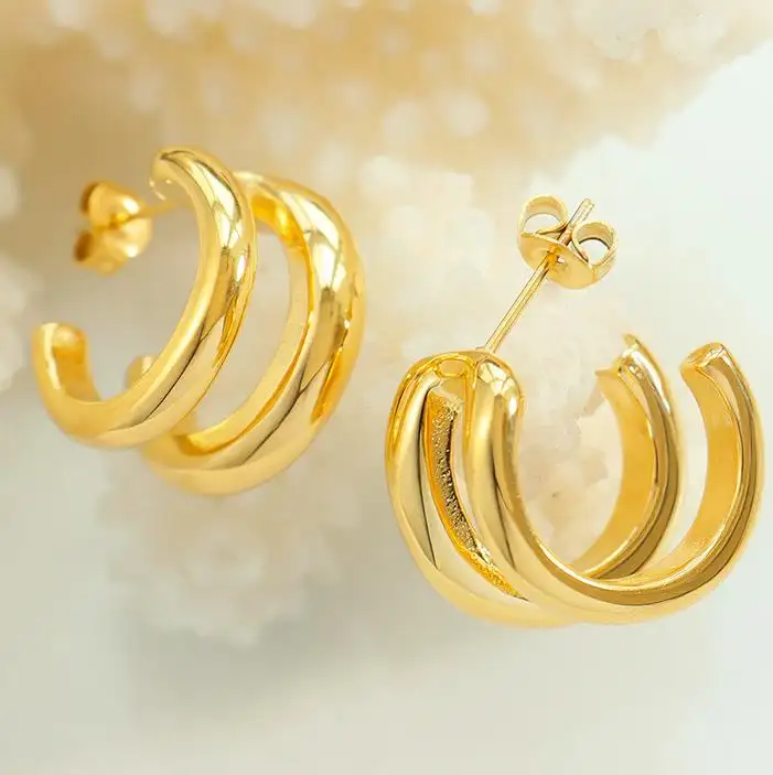 18K Double Layer C Shaped Earrings