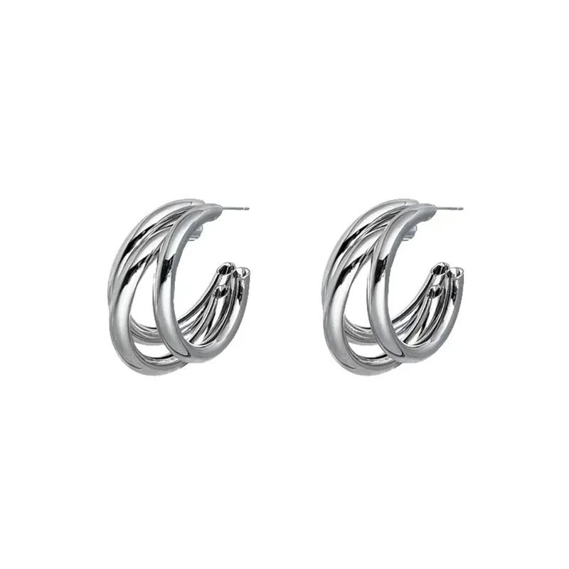 Silver Triple Layer C Shaped Earrings