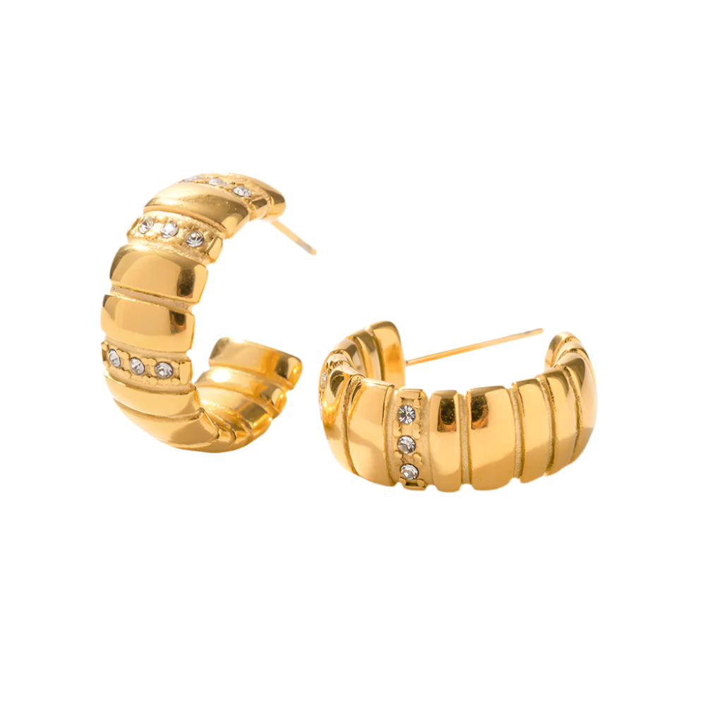 Vermeil Caterpillar C-Shape Hoops in 18K Gold-Plating with Cubic Zirconia