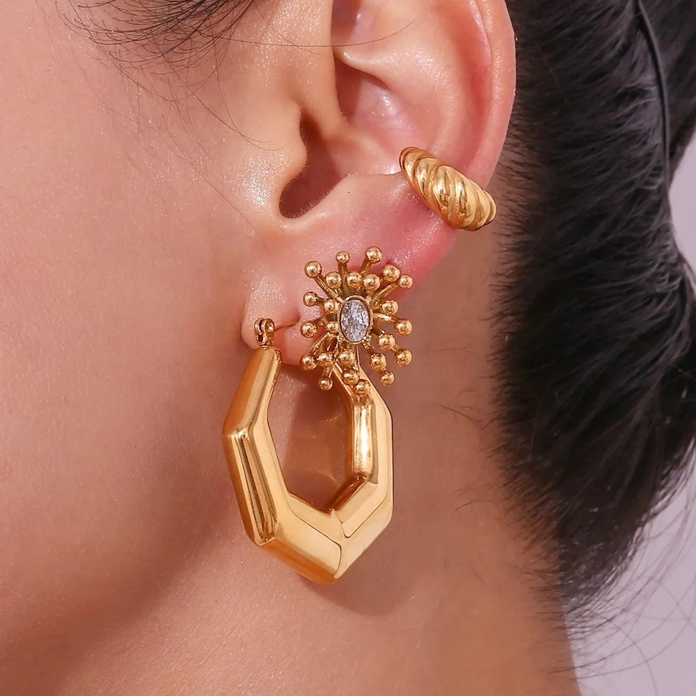 18k Geometric Hex Statement Hoop Earrings