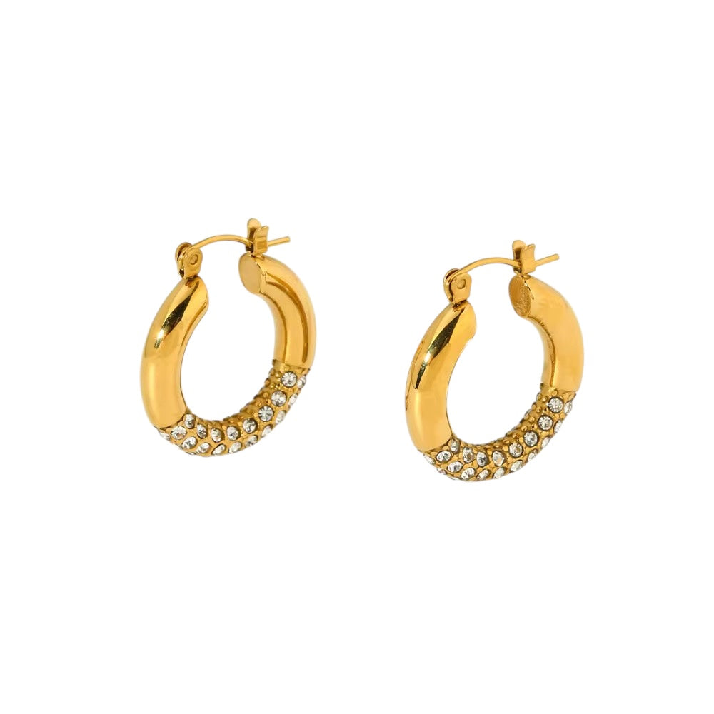 18K Half CZ Medium Hoops
