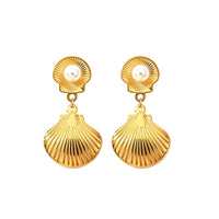 18K Sea Shell Pearl Statement Drop Earrings