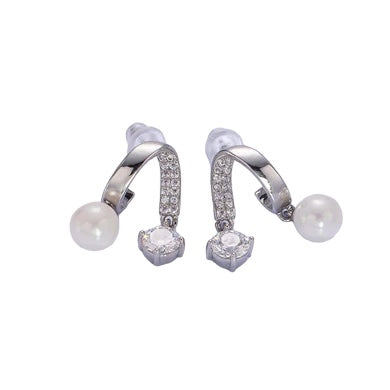 White Gold Fill Double Band Micro Paved CZ Pearl Earrings