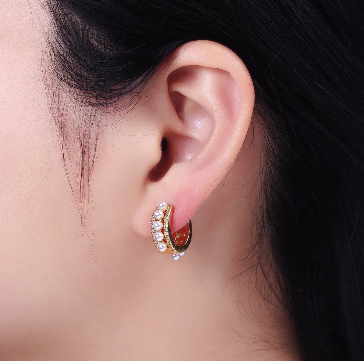 14K Gold Filled Pearl Huggie Hoop Earrings