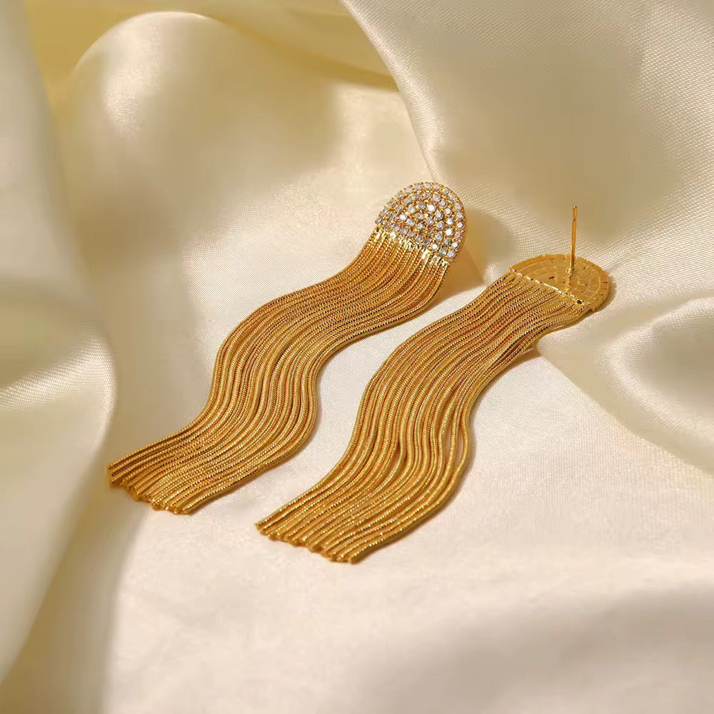 Diamond Long Chain Tassel in 18K Gold-Plating with Cubic Zirconia