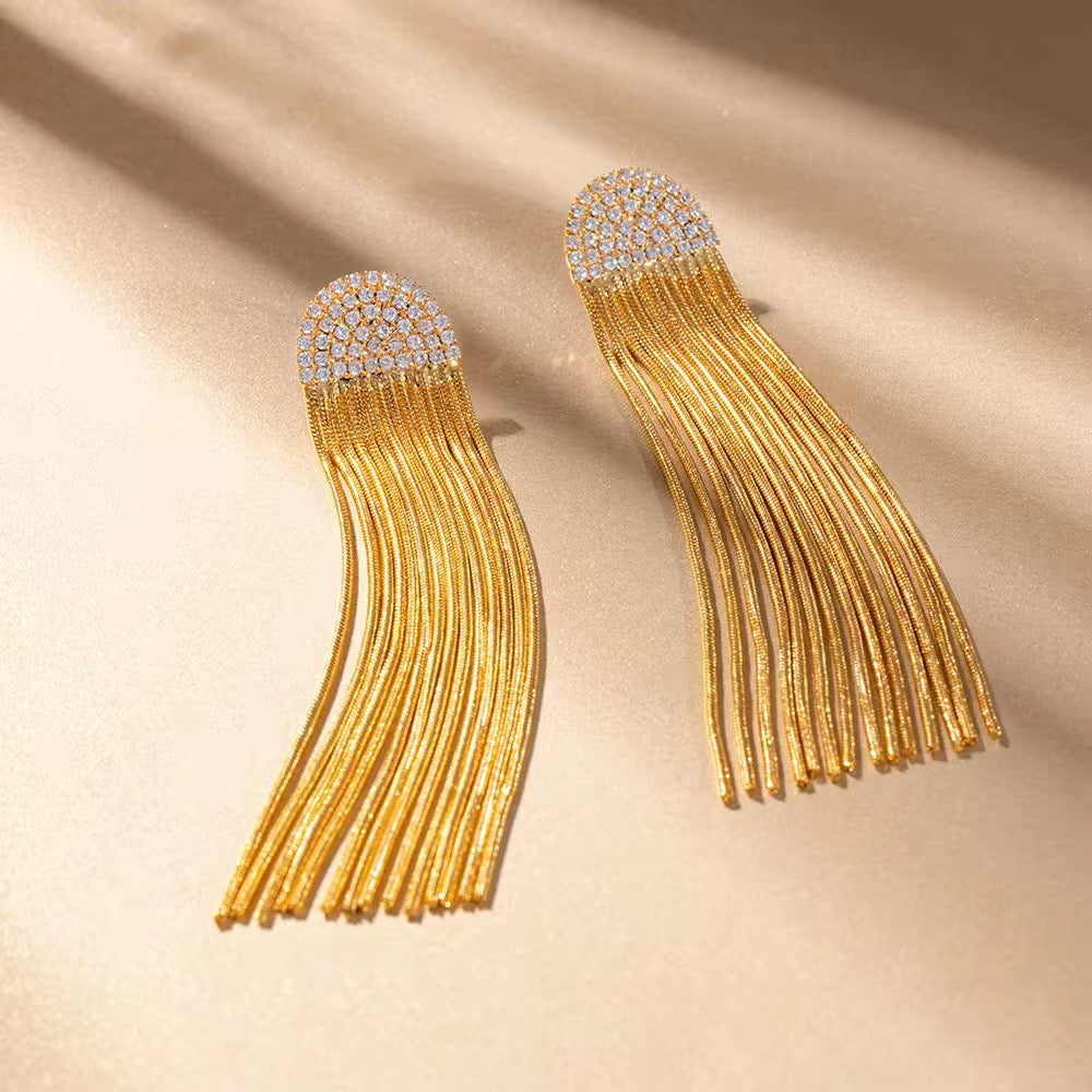 Diamond Long Chain Tassel in 18K Gold-Plating with Cubic Zirconia