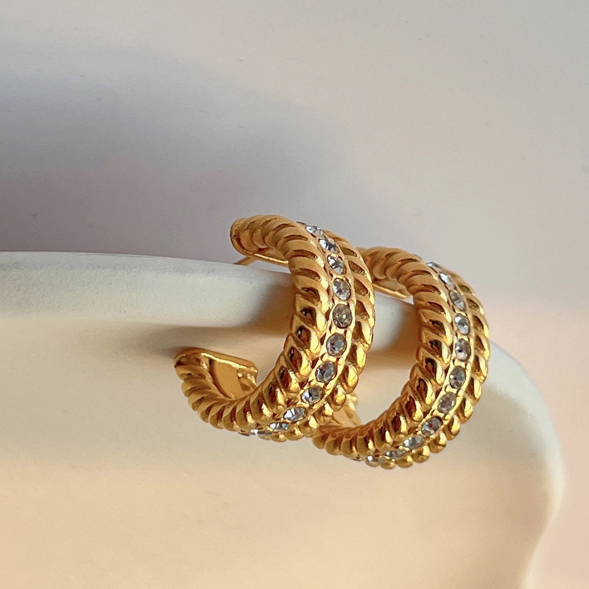 18K CZ Lined Hoop Earrings