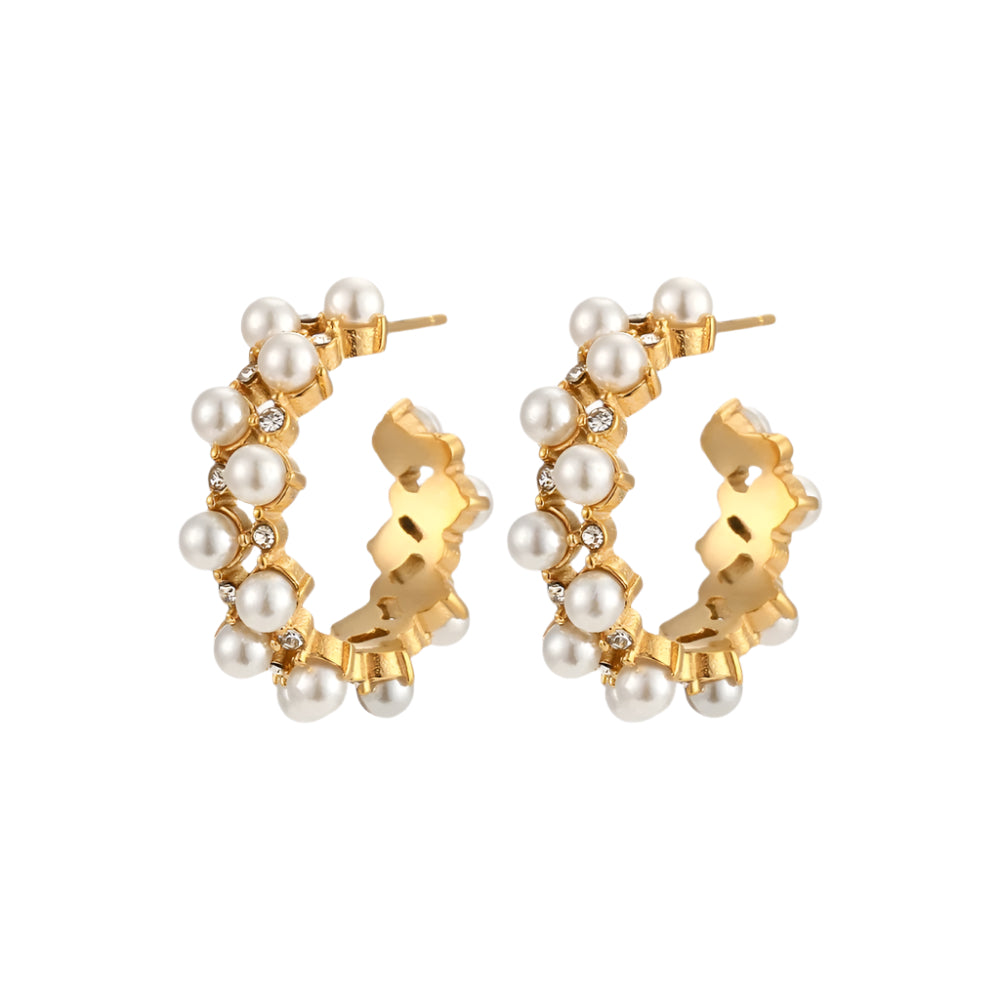 Pearl & Zircon Hoops in 18K Gold-Plating