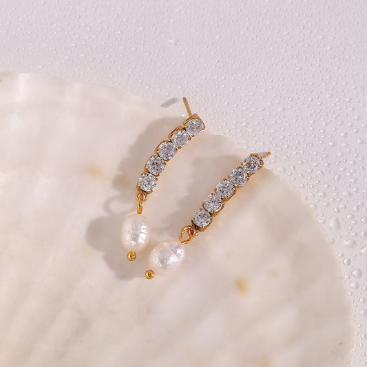18K Zircon Pearl Chain Dangle Earrings
