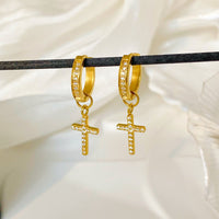 18K Cross Diamond Pendant Huggie Hoop Earrings