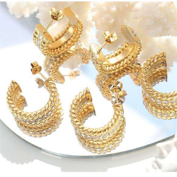 18K CZ Lined Hoop Earrings