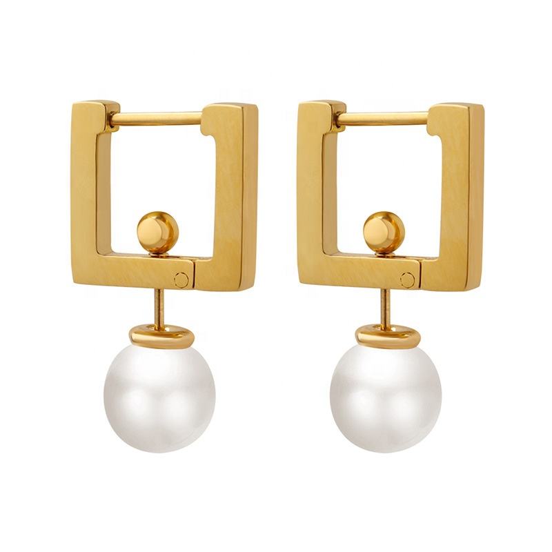 18K Square Pearl Drop Earrings