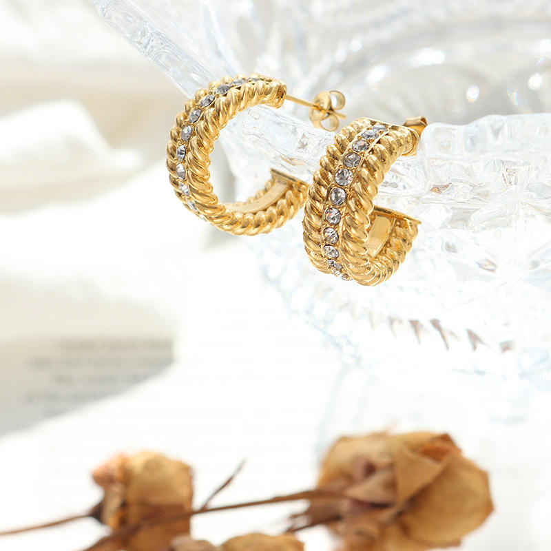 18K CZ Lined Hoop Earrings