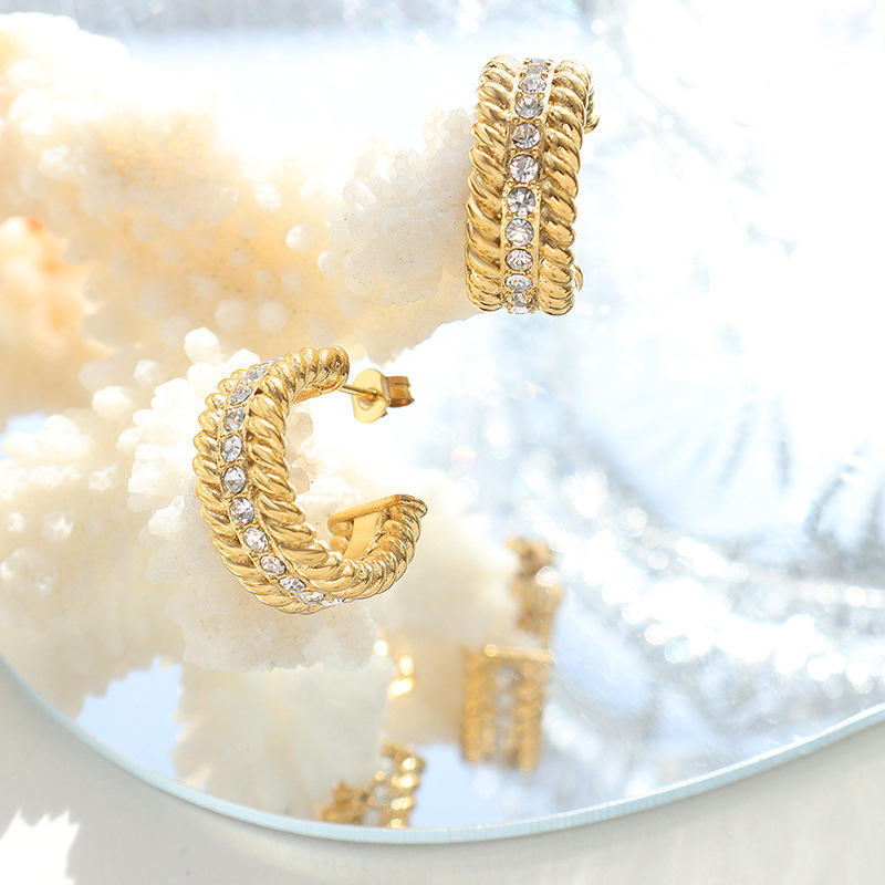 18K CZ Lined Hoop Earrings