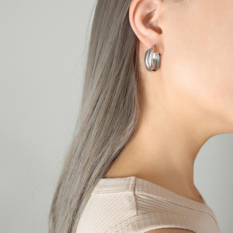 Silver Flat Chunky Double Hoop Earrings