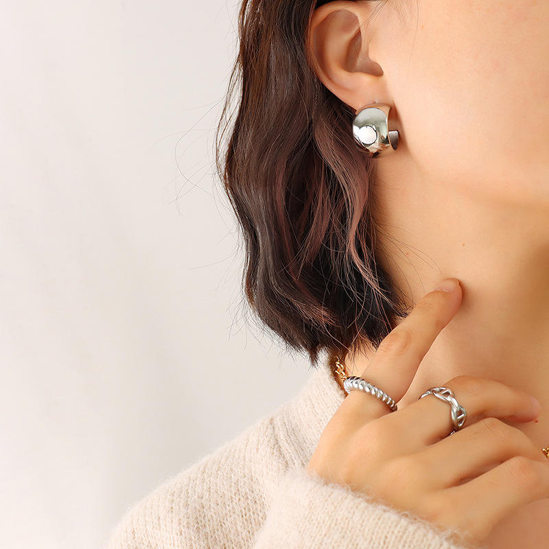 Silver Wide C Shape Chunky Hoop Earrings