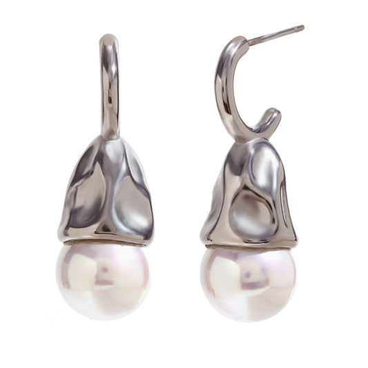 Silver Hammered Drop Pearl Earrings