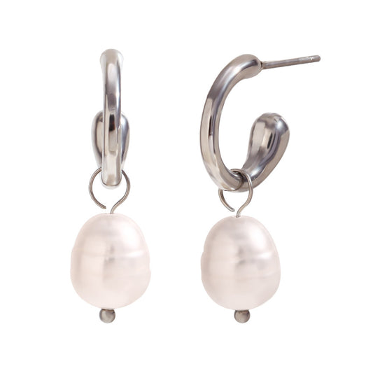 Silver Fresh Water Pearl Textured Open Hoops