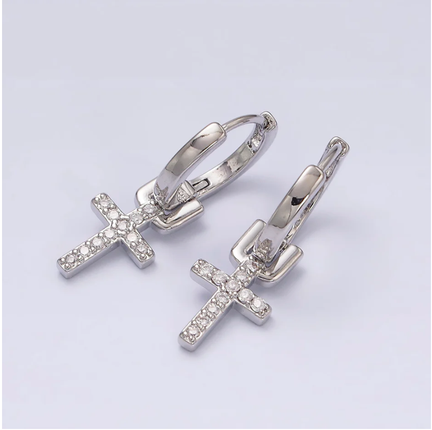 Silver Paved CZ Cross Huggie Earrings