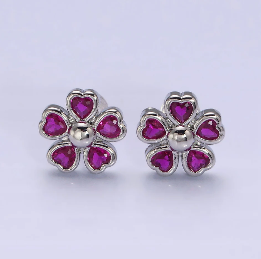 White Gold Filled 11.5mm Heart Petal Stud Earrings, Fuchsia