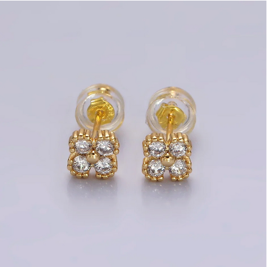 14K Gold Filled Clover Quatrefoil Stud Earrings, Clear