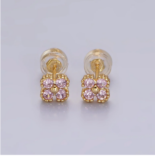 14K Gold Filled Clover Quatrefoil Stud Earrings, Pink