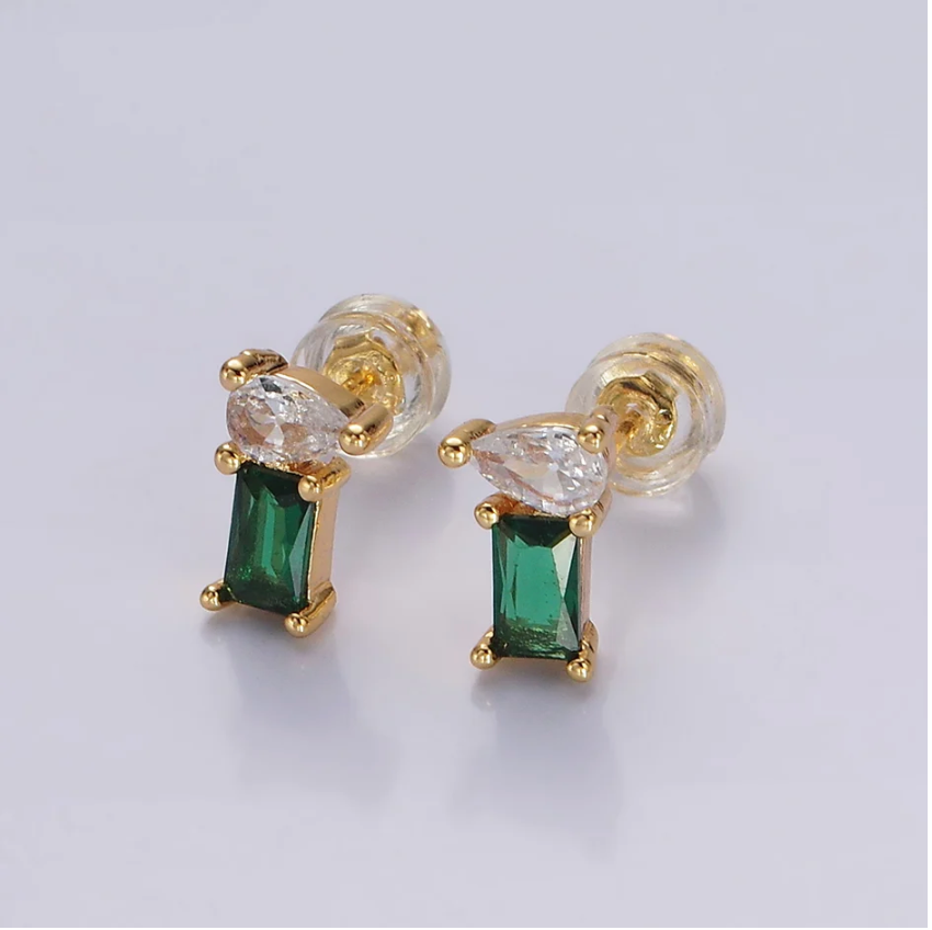 14K Gold Filled Green Baguette Clear Teardrop Stud Earrings