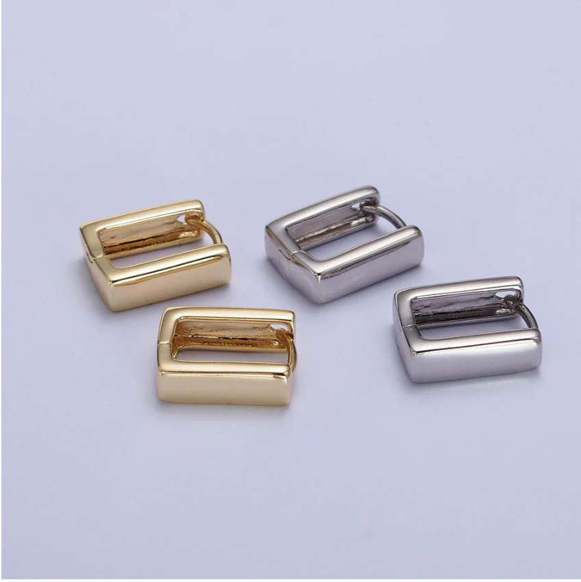 Geometric Square Huggie Hoop Earrings, Silver