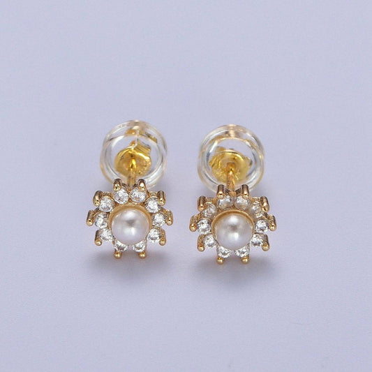 18K Gold Filled Pearl Flower Stud Earrings, Celestial Sunburst Star Sun