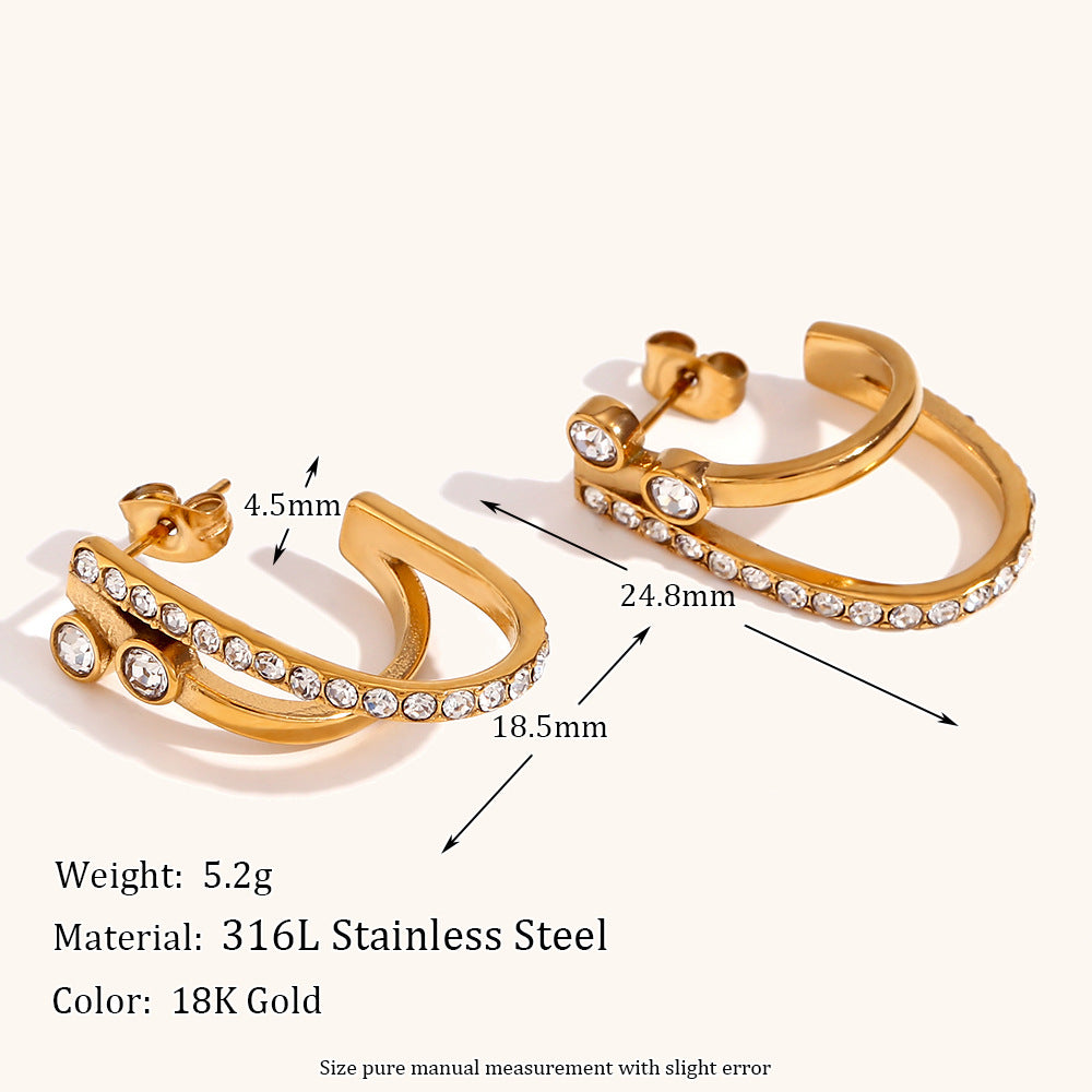 18K Double Layer CZ J Shape Hoops