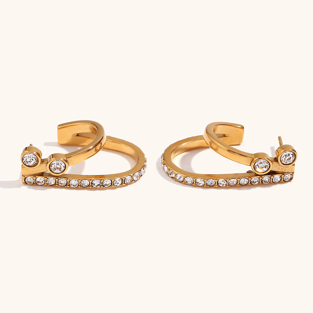 18K Double Layer CZ J Shape Hoops