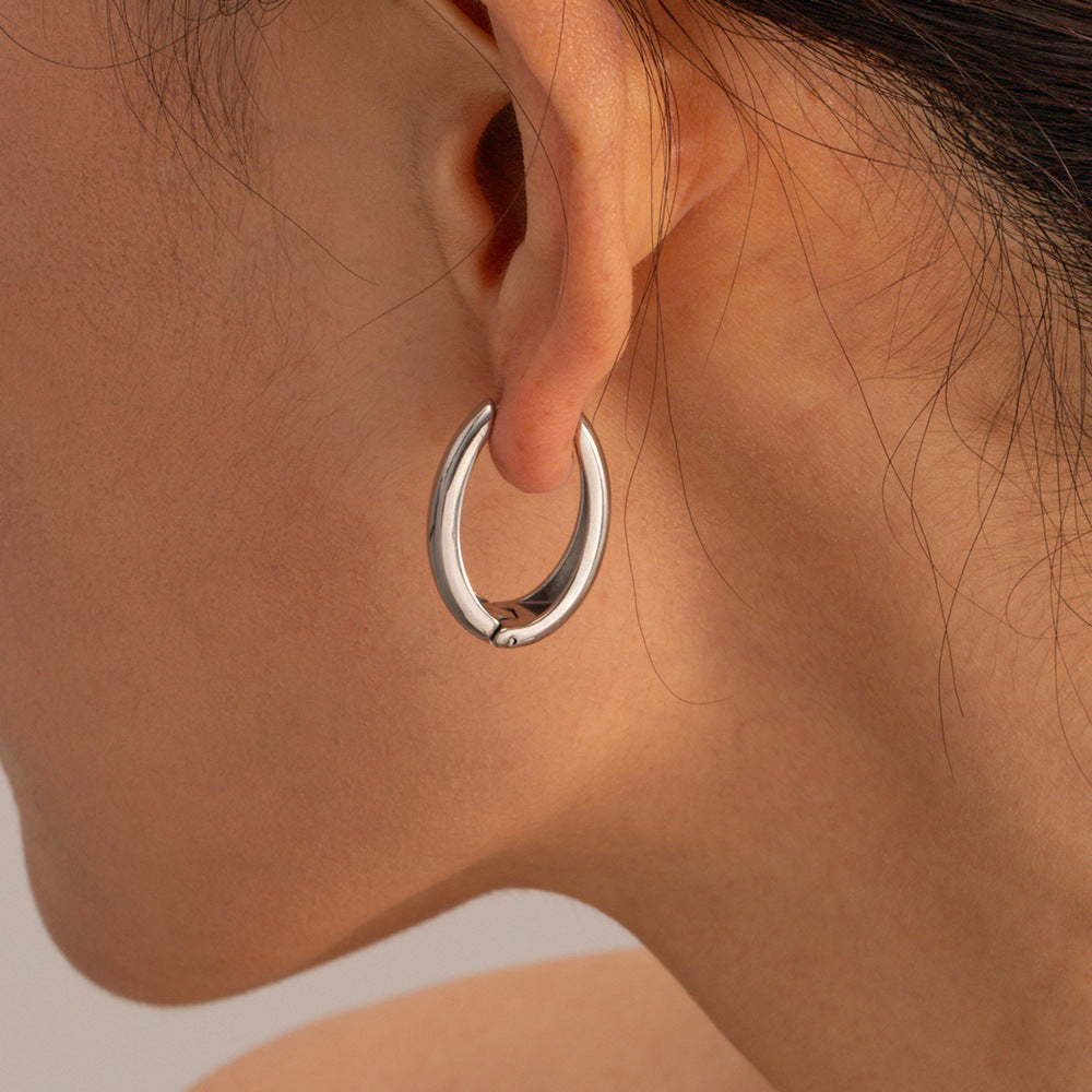 Silver Geometric Oval Medium Hoops