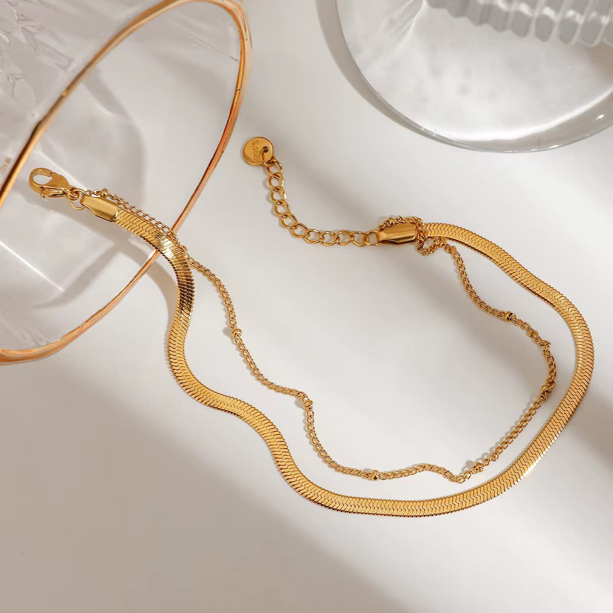 18K Layered Dainty Herringbone Anklet