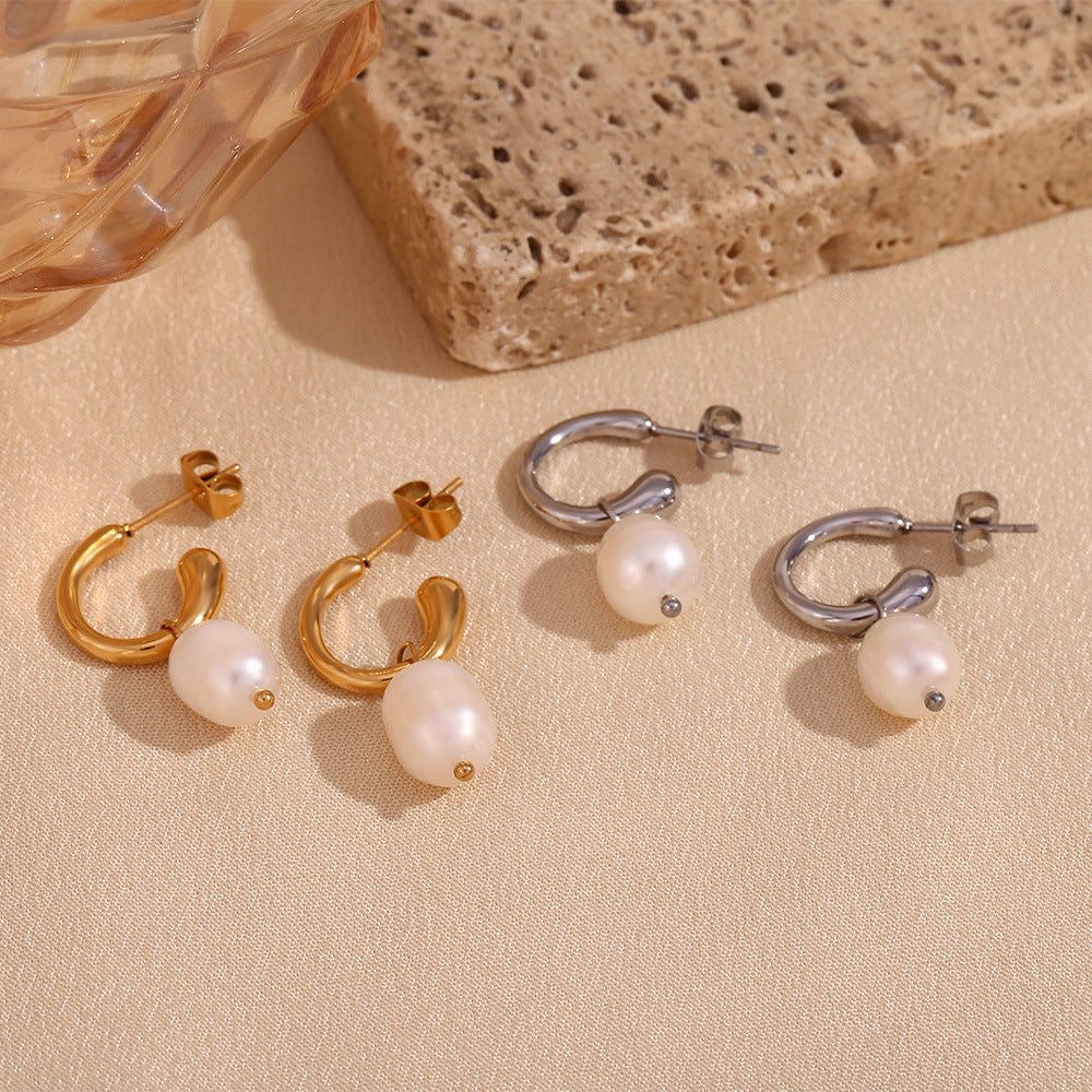 Silver Fresh Water Pearl Textured Open Hoops