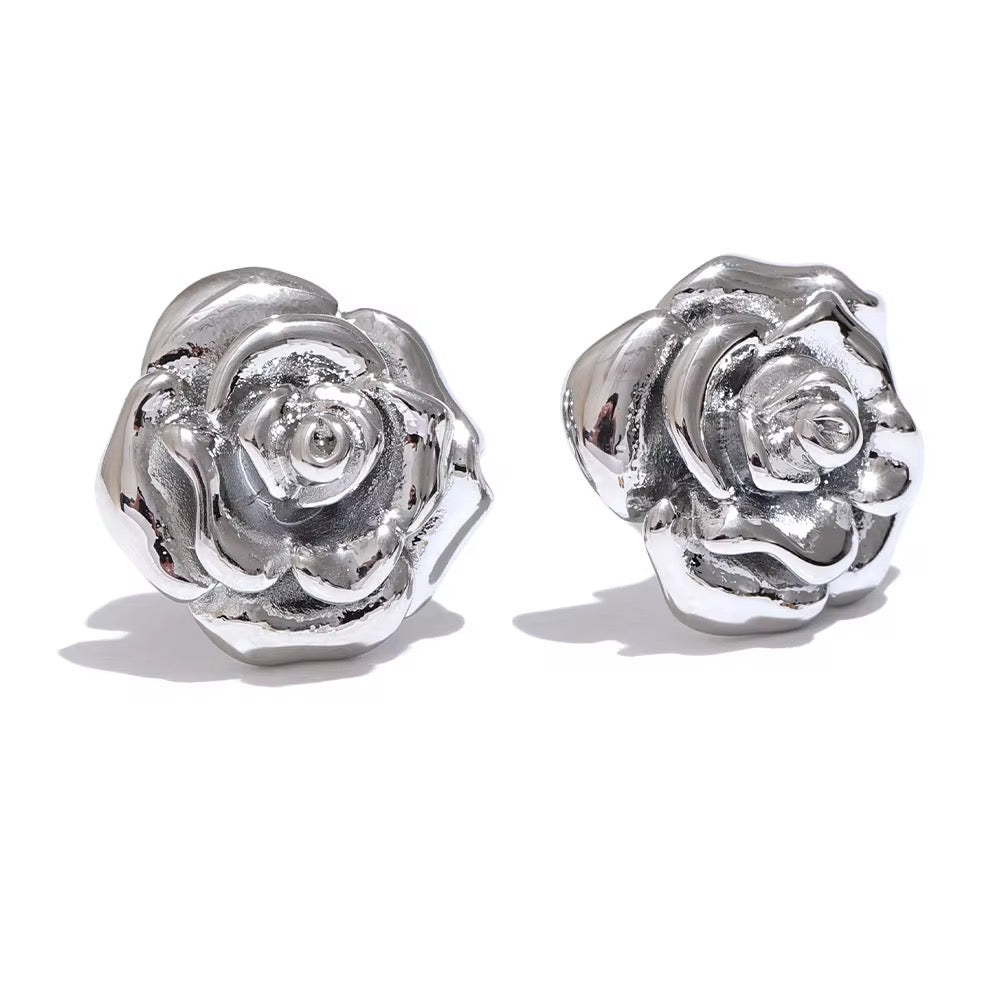 Silver Rose Flower Statement Studs