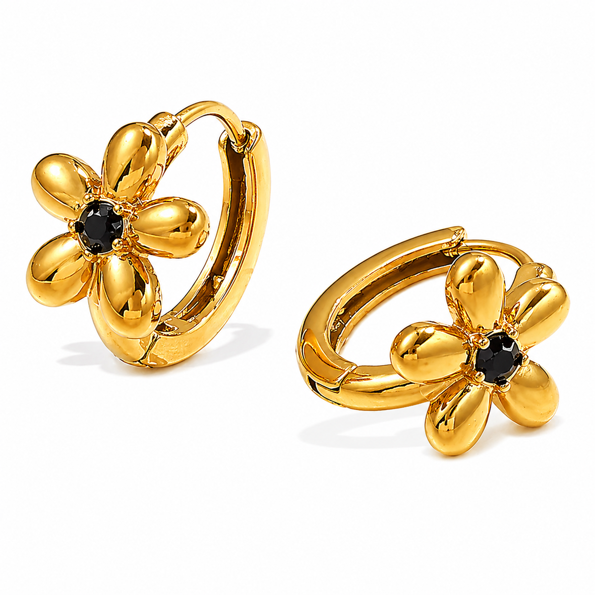 18K Solid Flower Onyx 10mm Huggies