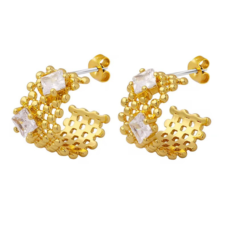 Mesh Hoops in 18K Gold-Plating with Cubic Zirconia