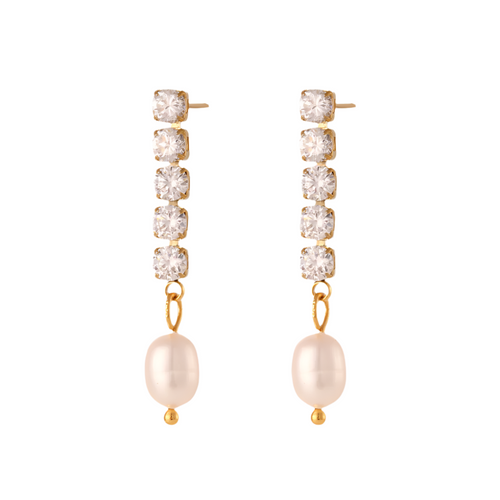 Freshwater Pearl Chain Drops in 18K Gold-Plating with Cubic Zirconia