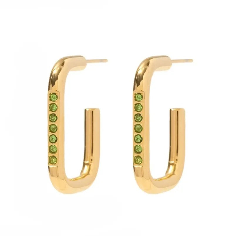 18K Geometric Peridot Open Rectangle Hoops