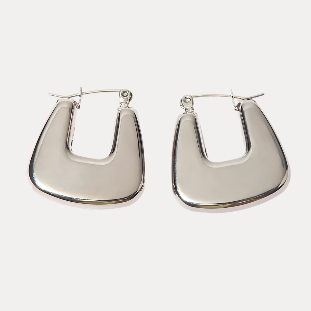 Silver Hollow Geometric Irregular Square Hoops