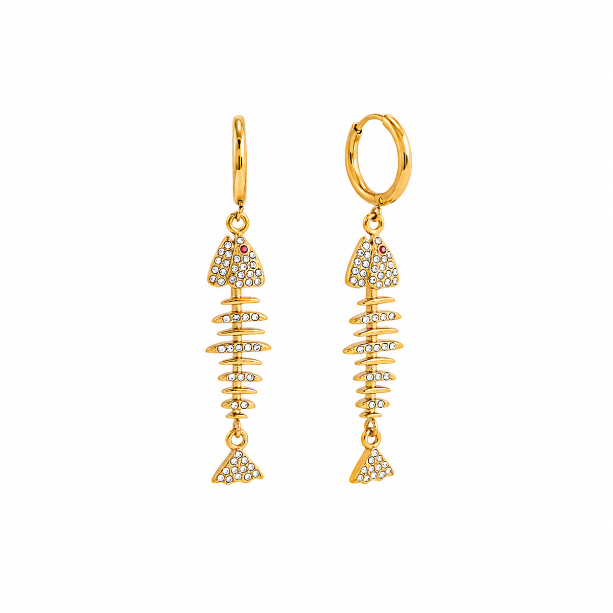 18K Fish Bone Mini Hoop Dangle Earrings