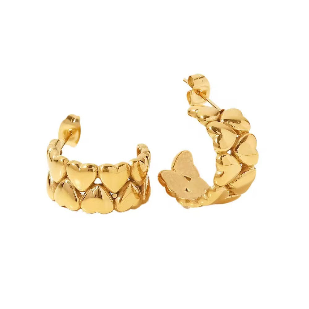 Heart Embossed Medium Wide Hoops in 18K Gold Plating