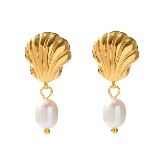 18K Sea Shell Freshwater Pearl Earrings