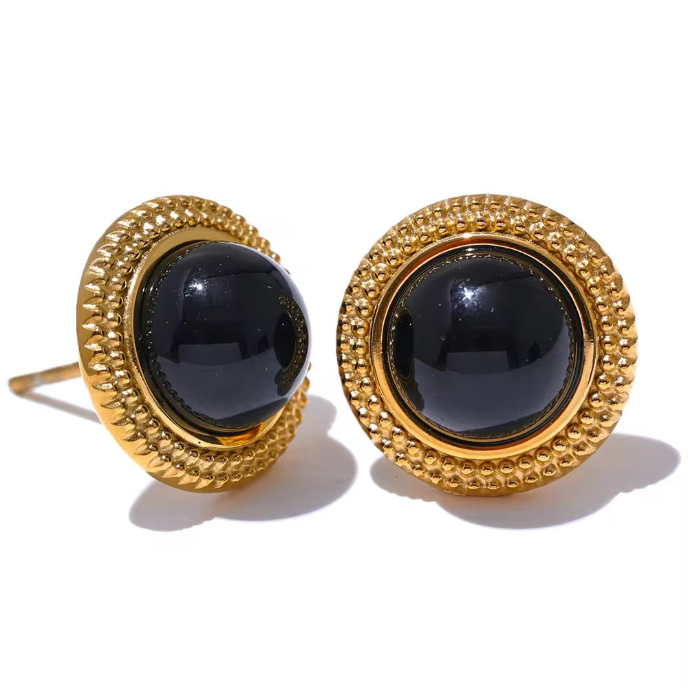 18K Vintage Round Stone Mini Studs Earrings