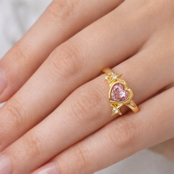 18K Celestial Star Heart Pink Tourmaline Ring