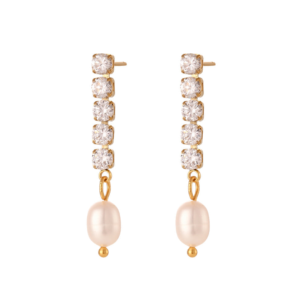 18K Zircon Freshwater Pearl Chain Dangle Earrings