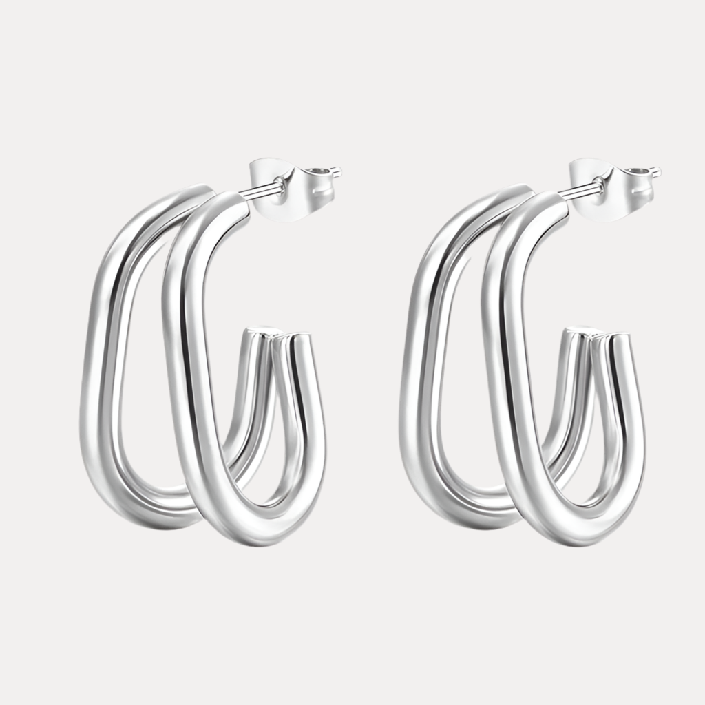 Silver Double Layer J-shape Hoop Earrings
