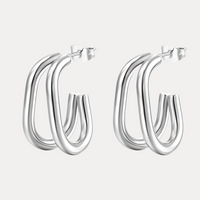 Silver Double Layer J-shape Hoop Earrings