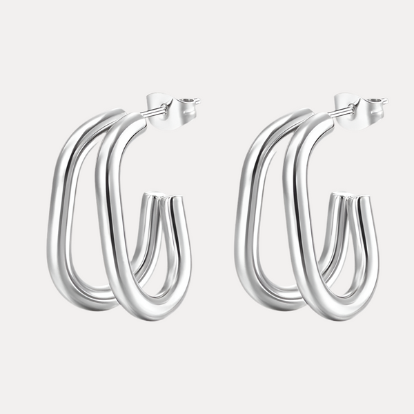 Silver Double Layer J-shape Hoop Earrings