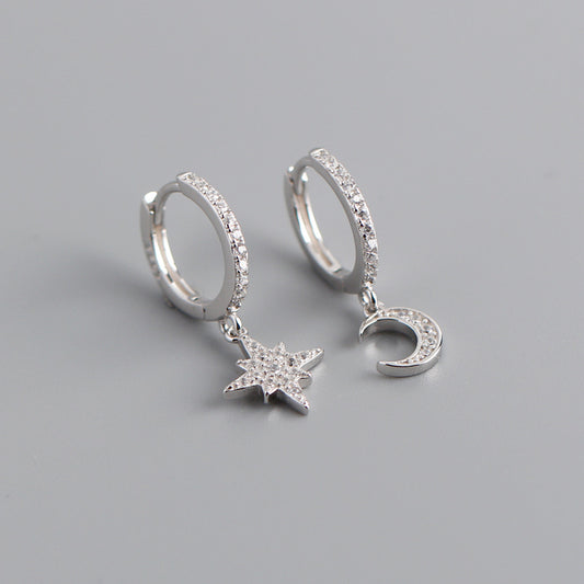 Silver CZ Lined Moon and Star Huggie Earrings